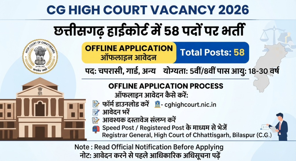 CG High Court Vacancy 2026 छत्तीसगढ़ हाईकोर्ट में 58 पदों पर सरकारी नौकरी, ऐसे करें ऑफलाइन आवेदन