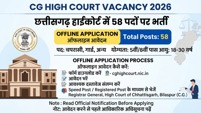 CG High Court Vacancy 2026: छत्तीसगढ़ हाईकोर्ट में 58 पदों पर सरकारी नौकरी, ऐसे करें ऑफलाइन आवेदन